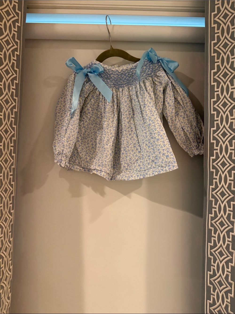 Girls Blue Floral Smocked Peasant Top with Bow Shoulders